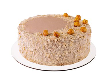 Kyiv cake with hazelnuts, chocolate glaze, and a buttercream-like filling