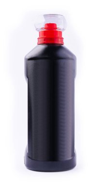 Black plastic bottle with red cap for detergent
