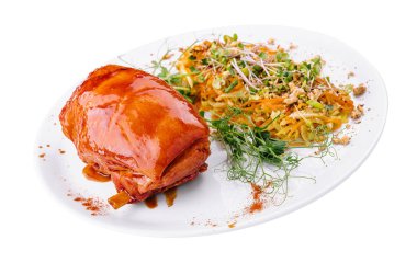 Barbecued ribs and vegetables on white background