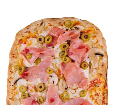 Pizza jambon ve mantar beyaz arka planda izole