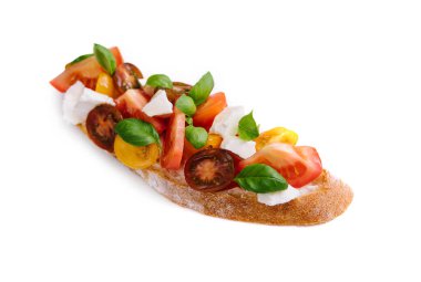 Kiraz domatesli İtalyan bruschetta ve fesleğen yaprağı.