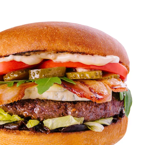 Bacon Cheese Burger Beef Patty Tomato Cucumber — Stockfoto