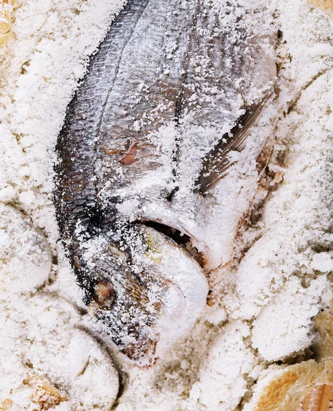 Zubereitung Von Salzgebackenem Dorada Fisch Von Oben — Stockfoto