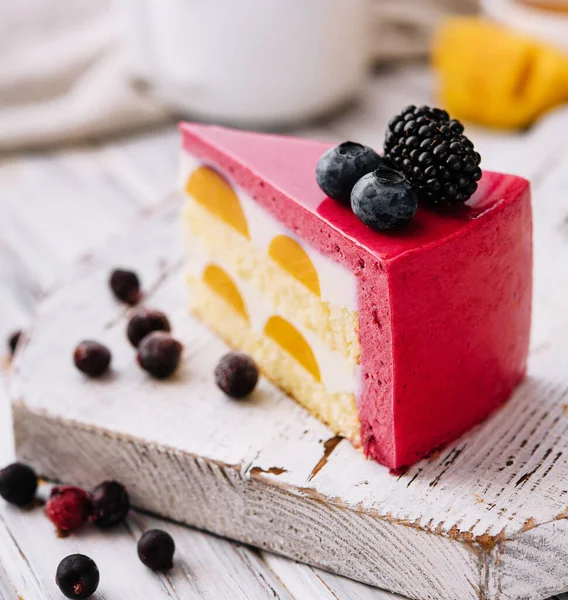 Slice Pink Strawberry Cheesecake Served Fresh Berries White Board — Stock Photo, Image