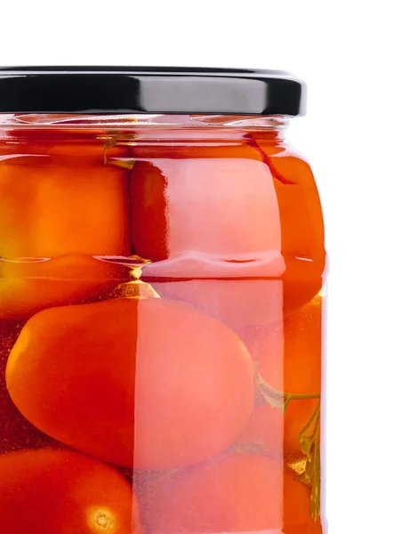 Tomates Conserva Frasco Vidro Sobre Fundo Branco — Fotografia de Stock