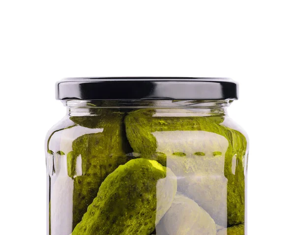 Een Glazen Pot Van Tasties Ingeblikte Komkommers Witte Achtergrond — Stockfoto