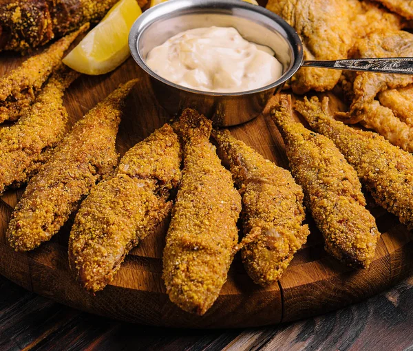 Fried Fishes Set Wooden Board — Stock Photo, Image
