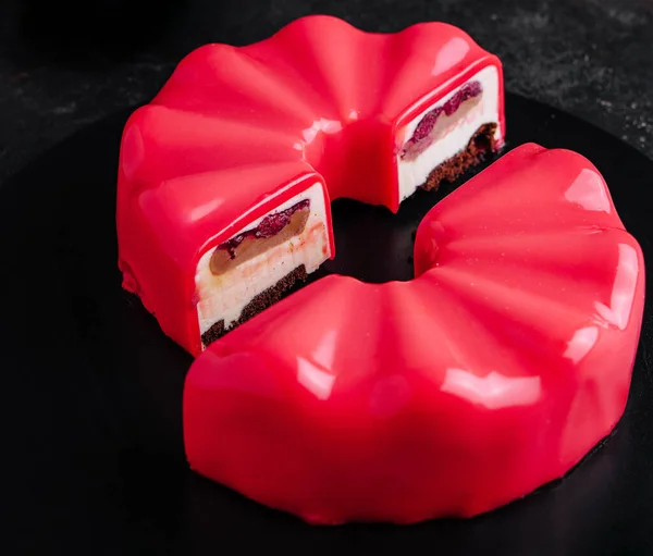 Multi Layered Raspberry Mousse Cake Plate — Stock Photo, Image