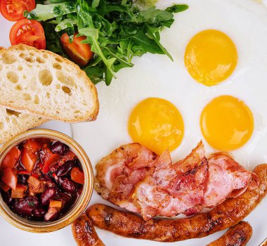 Fried eggs and bacon for breakfast on a plate