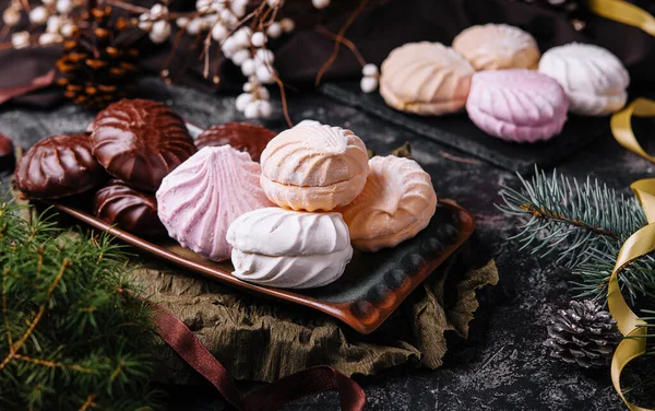 stock image marshmallow cakes in chocolate glaze and christmas decor