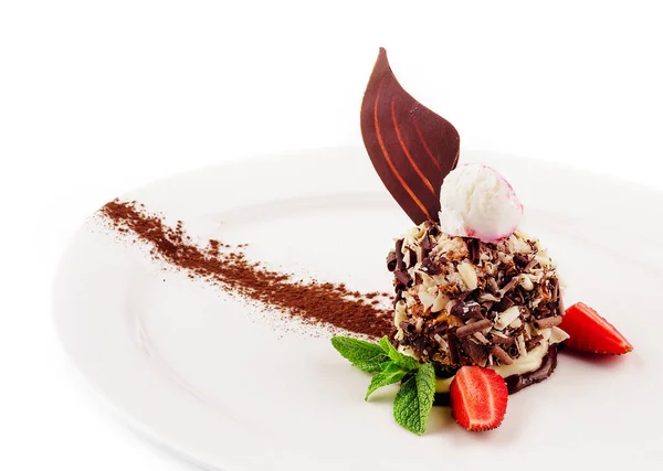Postre Chocolate Con Helado Fresas — Foto de Stock