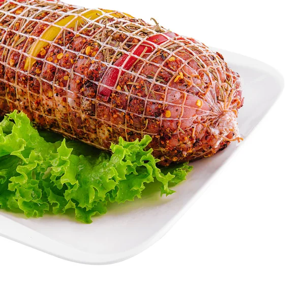 Rohes Schweinefleisch Mit Gewürzen Gerollt — Stockfoto