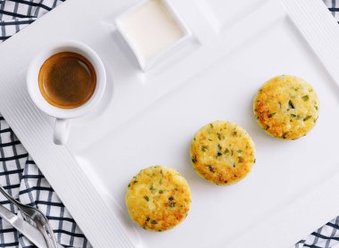 Traditional breakfast with coffee and cheesecakes, cottage cheese pancakes