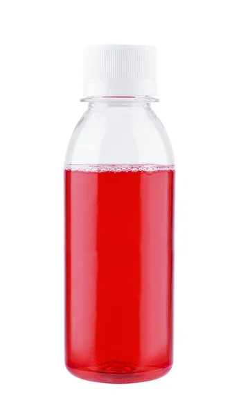 Mała Plastikowa Butelka Sokiem Truskawkowym Białym — Zdjęcie stockowe