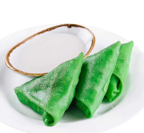 Green Pancakes Spinach Sour Cream —  Fotos de Stock