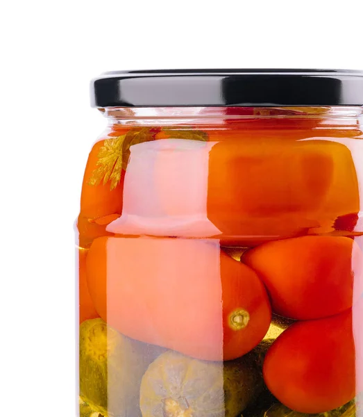 Salted Cucumbers Tomatoes Glass Jar — Fotografia de Stock