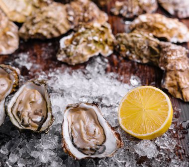 Opened oysters, ice and lemon on board