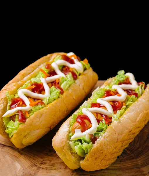 Two Delicious Hotdogs Wooden Board — Foto de Stock