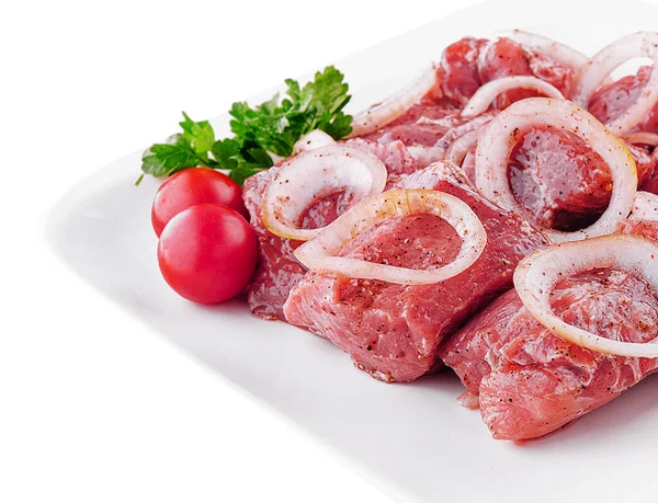 Raw Pork Meat Onions Spices Cooking Kebabs — Stock Photo, Image
