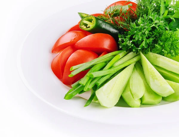 Vejetaryen Tabak Taze Salatalık Yeşil Soğan Vişneli Domates — Stok fotoğraf