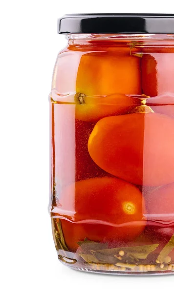 Tomat Dalam Botol Kaca Dengan Latar Belakang Putih — Stok Foto