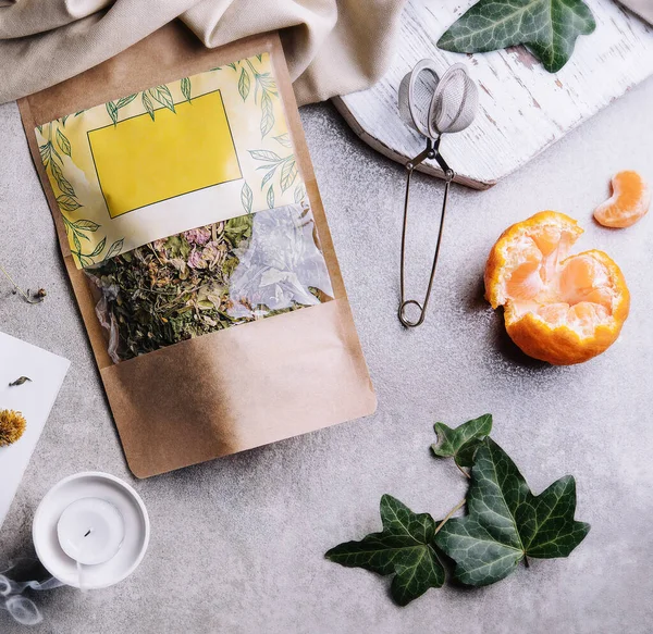 Cup Tea Tangerines Tea Packaging — Stockfoto