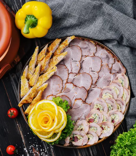 Sliced Sausages Meat Top View — 스톡 사진