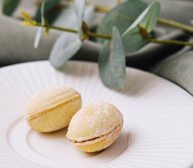Cup of coffee and cookies in the shape of walnuts