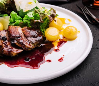 Modern stil ördek göğsü filetosu, salata ve kızılcık aromalı.