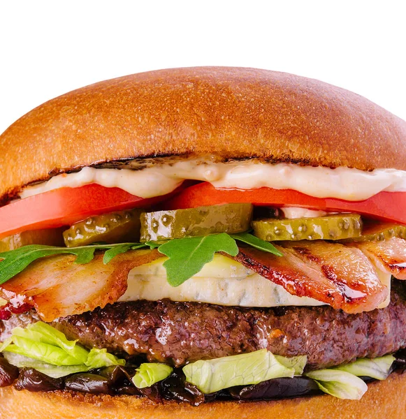 Bacon Cheese Burger Beef Patty Tomato Cucumber — Stockfoto