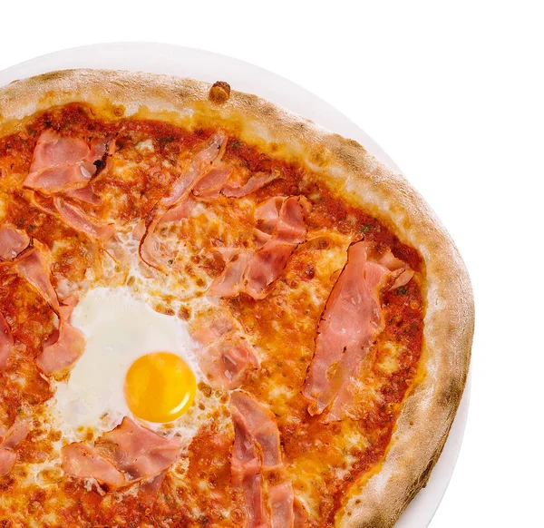 stock image Carbonara pizza with bacon and egg on white background