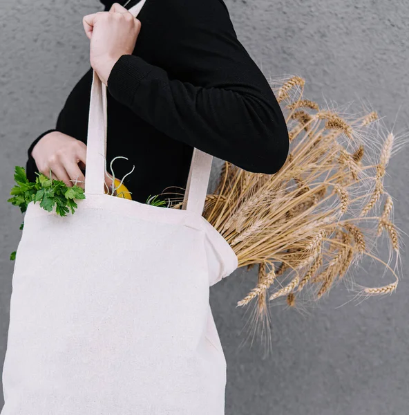 Young Girl Holding Cloth Bag Ears Wheat — Stockfoto