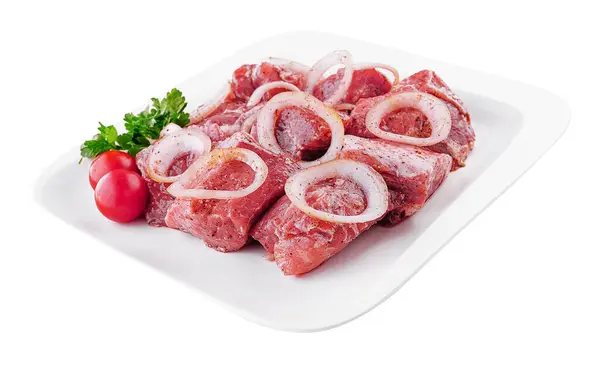 Raw Pork Meat Onions Spices Cooking Kebabs — Stockfoto