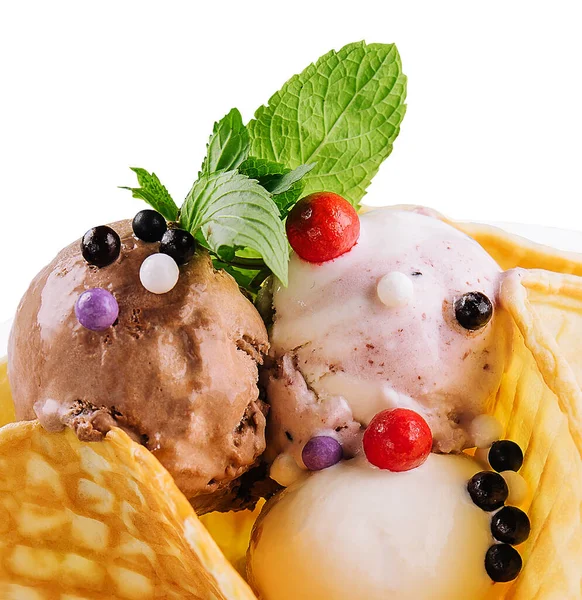 Three Scoops Natural Organic Fruit Ice Cream Wafer Cup — Stock Photo, Image