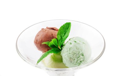 Three balls of ice cream in a transparent glass