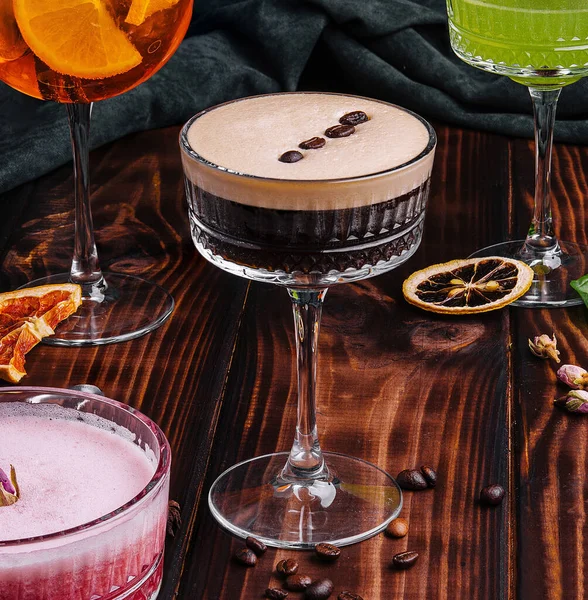 Different Colorful Exotic Alcoholic Cocktails Wood —  Fotos de Stock
