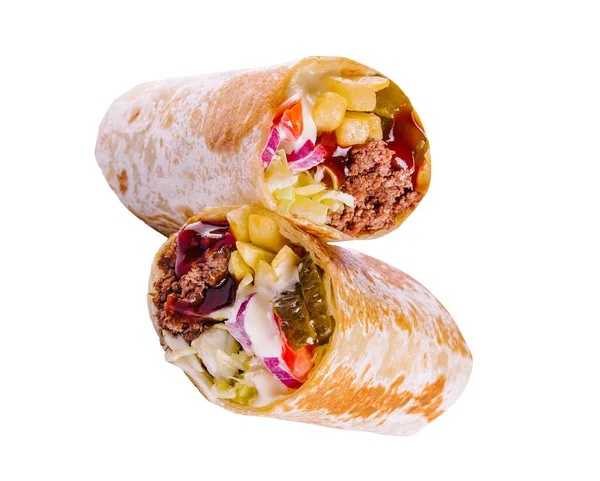 Tortillacsomagolás Darált Hússal Sült Krumplival — Stock Fotó