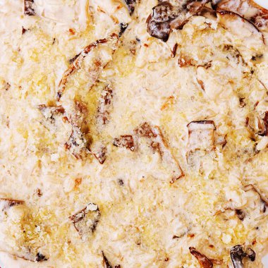 İtalyan fırınlanmış patlıcanlı parmesan. Yakın çekim.