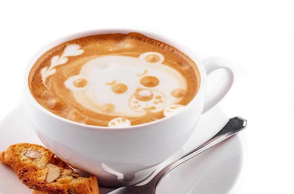White Cup Cappuccino Coffee Latte Art Pattern Form Bear — Stockfoto