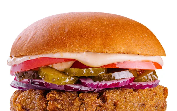 Cheeseburger Met Runderpasteitje Augurken Kaas Tomaat Sla Close — Stockfoto
