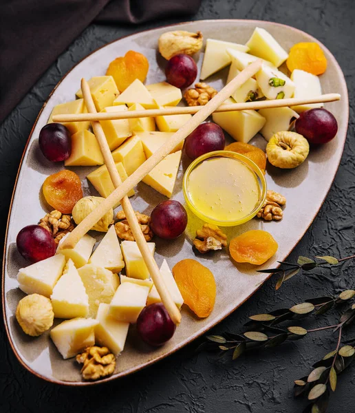 Cheese Platter Organic Cheeses Fruits Nuts Wine — Photo