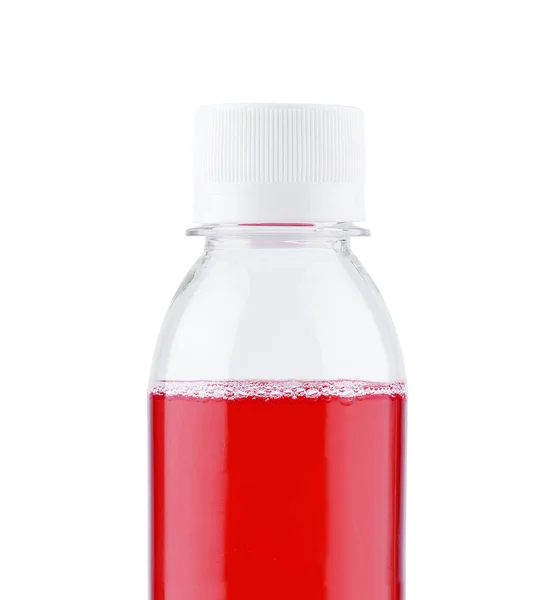 Klein Plastic Flesje Met Aardbeiensap Een Wit — Stockfoto