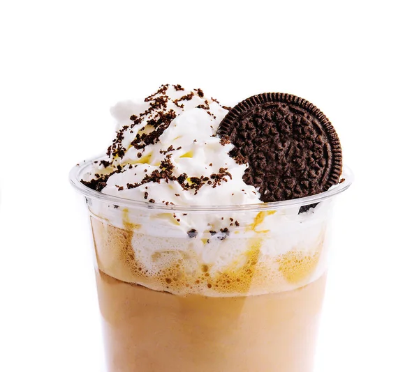 Chocolate Milkshake Covered Whipped Cream Plastic Glass Isolated — Fotografia de Stock