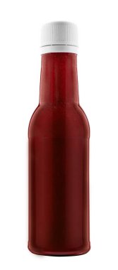 Beyaz üzerine bir şişe sağlıklı kırmızı smoothie.