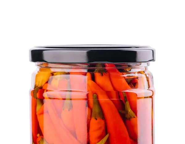 Glass Jars Pickled Chili Peppers White Background — Stock Photo, Image