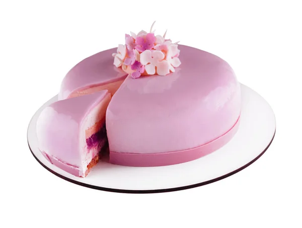 花で飾られた鏡釉のピンクムースケーキ — ストック写真