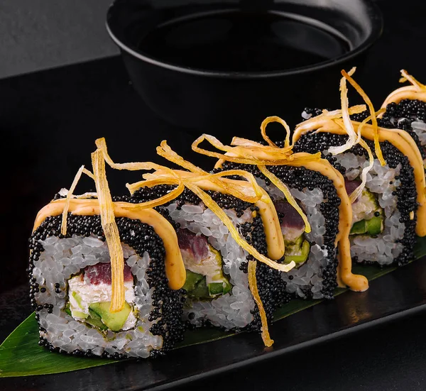 stock image Sushi rolls with tuna and black caviar