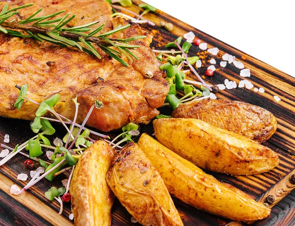 Grilled Steak Baked Potatoes Wood — Stock Photo, Image