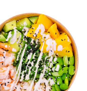 bowl with shrimp, pineapple, avocado, beans and seaweed