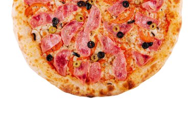 Italian fast food. delicious hot pizza with ham and champignons sliced